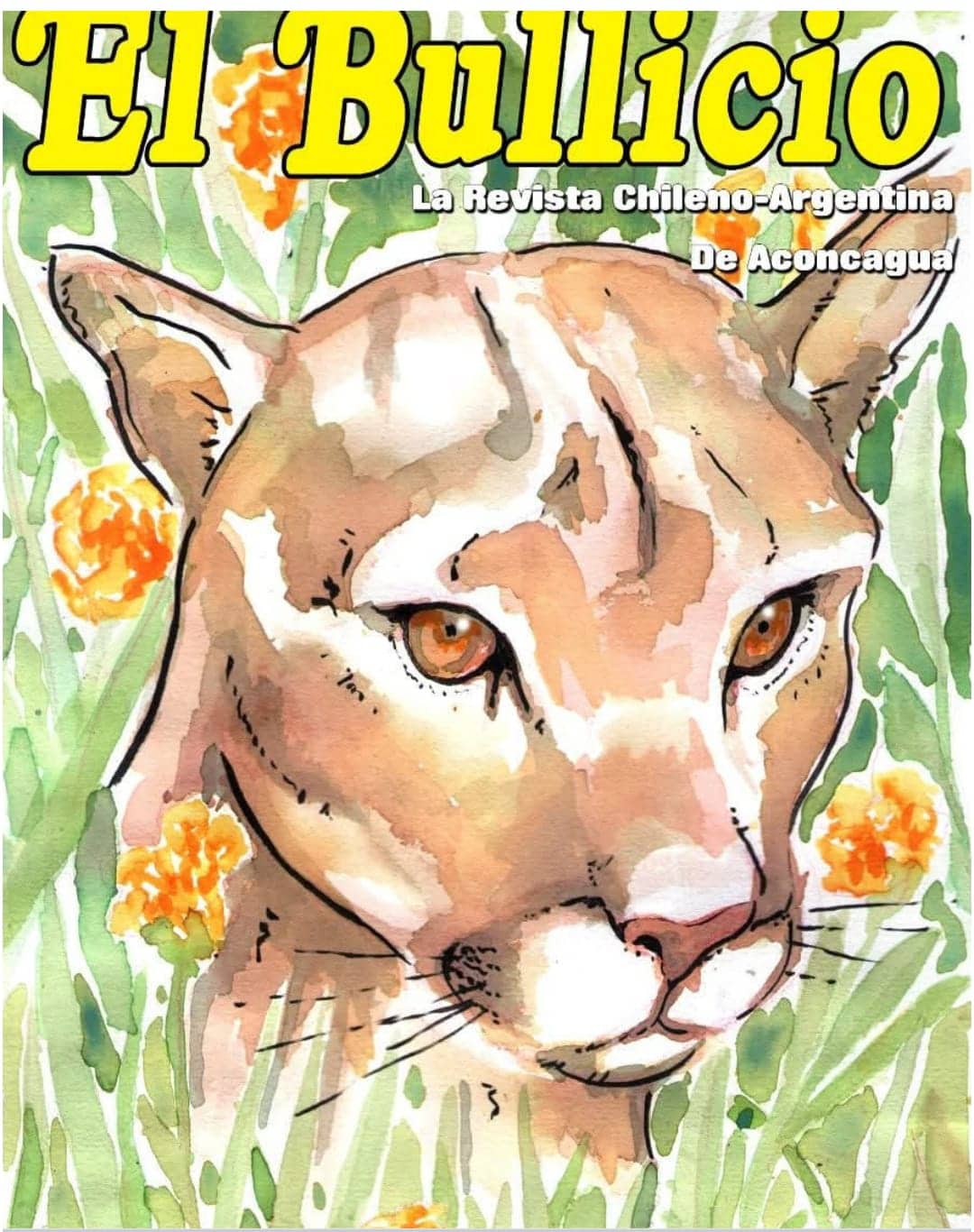 Gato felino en ilustración con fondo de flores naranjas y verdes.